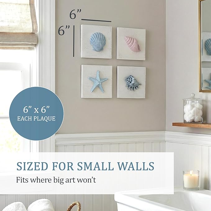 TideAndTales Beach Decor Seashell Wall Art - (Set of 4) Textured 3D Shells and Starfish Decorations for Home or Beach House, Rustic Ocean Theme Coastal Bedroom or Bathroom Wall Decor 6" x 6"