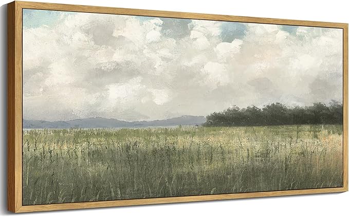 SHENIFY Vintage Landscape Framed Wall Art Country Meadow Scenery Farmhouse Decor Retro Painting for Bedroom Living Room Ready to Hang Wall Artwork - 20x40in Natural Framed