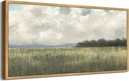 SHENIFY Vintage Landscape Framed Wall Art Country Meadow Scenery Farmhouse Decor Retro Painting for Bedroom Living Room Ready to Hang Wall Artwork - 8x16in Natural Framed