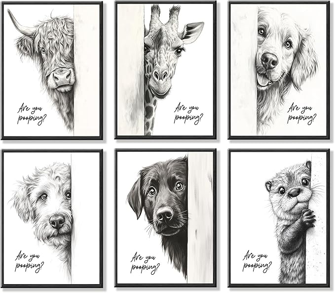 Funny Bathroom Wall Art Black and White Bathroom Posters Decor Rustic Donkey and Cow Pictures Wall Decor Funny Animal Peeking Canvas Art Prints for Toilet/Bedroom Unframed 8x10 inches x 6 pieces