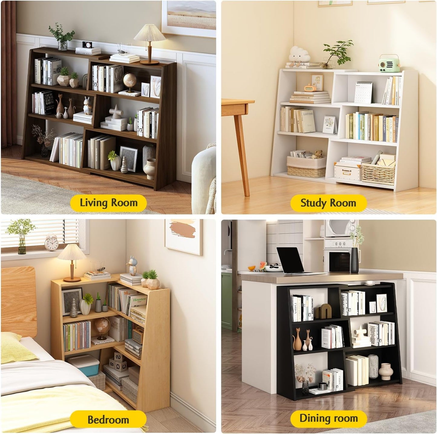 IOTXY Wooden Extendable Shelf Bookcase - 3-Tier Ladder Low Short Bookshelf for Small Space or Corner, Dark Walnut, S