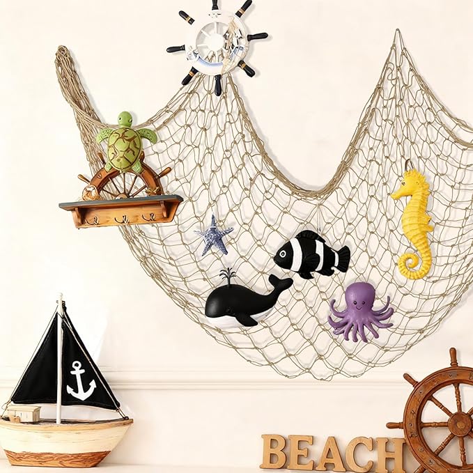 Patioland Decorative Fishing Net 3 Pack, 80x40 Inch Large Caramel Fish Net Decor for Wall, Photo Display, Nautical Mermaid Pirate Ocean Themed Beach Hawaii Under the Sea Party Decorations