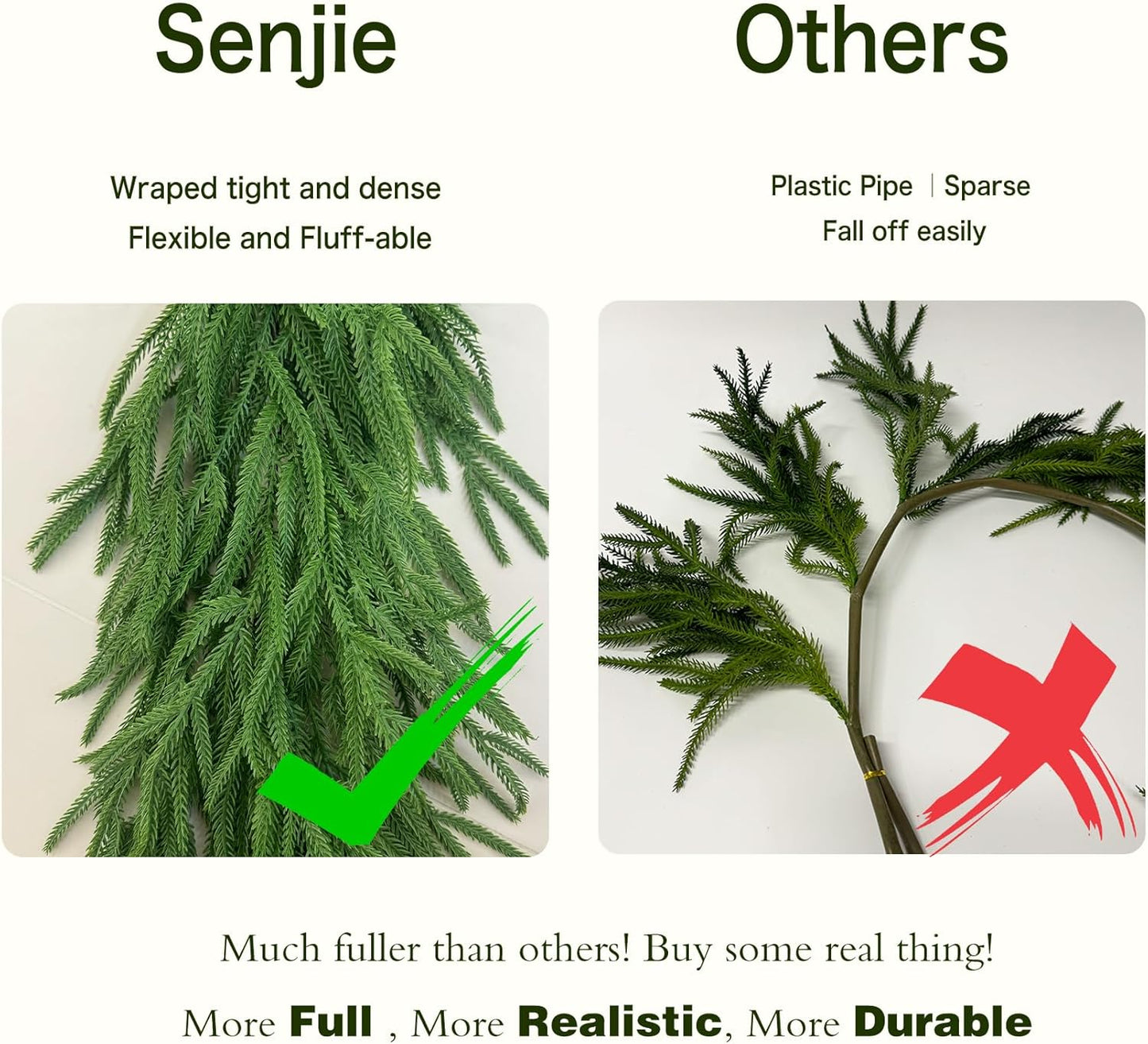 15FT Christmas Garlands Norfolk Pine Garland Real Touch Artificial Faux Greenery Garland for Holiday Indoor Outdoor Decor