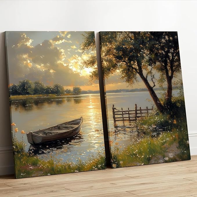 2Pcs Framed Fall Landscape Canvas Wall Art, Lake Boat Forest Art Prints, Autumn Scenery Nature Decor Pictures, Rustic Gold Paintings Wall Decor Living Room, Bedroom, Office 12x16in