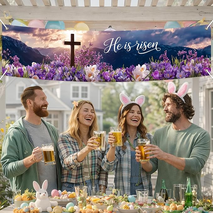 He Is Risen Easter Banner Christian Resurrection Spring Decor 78 x 17 Inch Religious Cross Flower Scene Banner for Church Yard Fence Door Wall Indoor Outdoor Easter Display