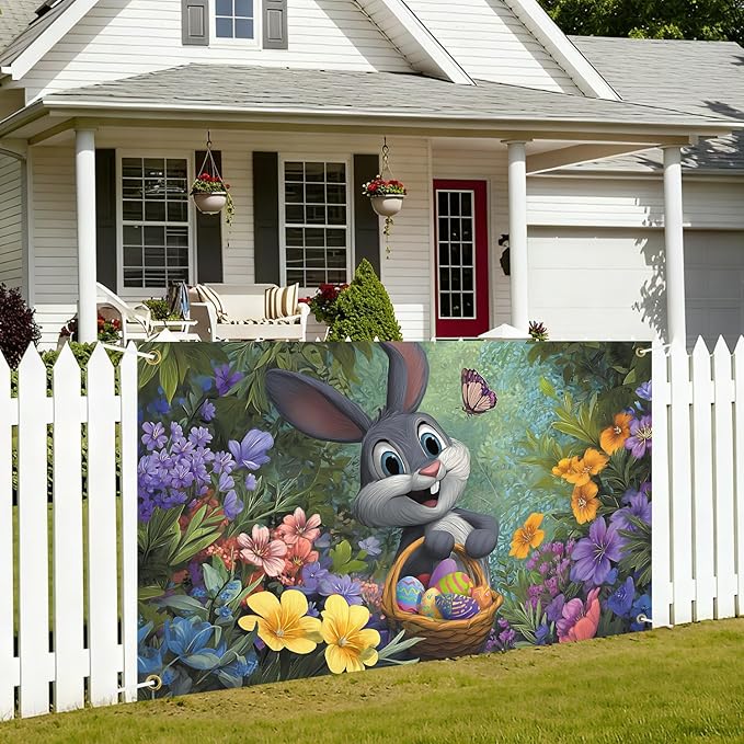 Happy Easter Backdrop 71" X 43" Happy Easter Day Banner Rabbit Party Decorations Bunny Photography Background