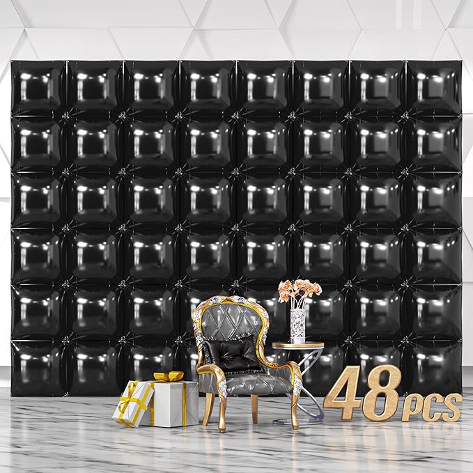 NISOCY 48PCS Black Square Foil Balloons Wall Backdrop Metallic Double Sided Black Balloon Tunnel Arch Kit for New Year Birthday Baby Shower Graduation Party Decorations