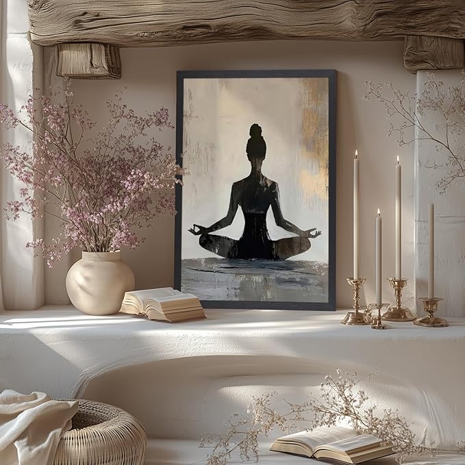 GELDSTEI Wood Framed Zen Wall Art, Modern Yoga Girl Canvas Painting, Tranquil Meditation Wall Decor, Spiritual Aesthetic Picture, Calming Mindfulness Poster Prints for Living Room Spa Yoga 12x16 Inch
