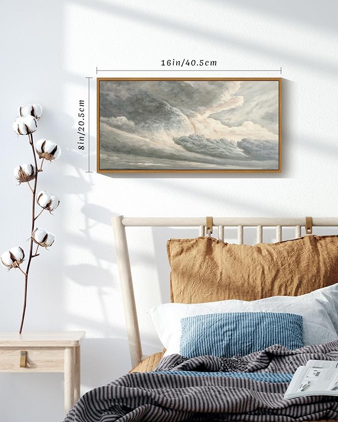 SHENIFY Vintage Framed Wall Art Clouds in the Sky Landscape Painting Retro Cloudy Scenery Farmhouse Kitchen Living Room Decor - 8x16in Natural Framed