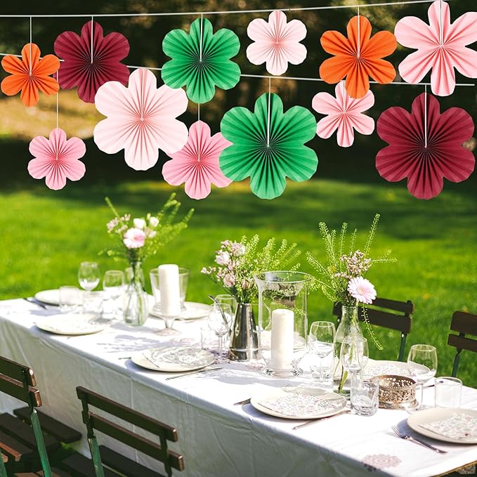 BestoFun 12 PCS Paper Flowers Fans Red Green and Pink Party Decorations Paper Flowers Decorations for Wall Girl Groovy Birthday Baby Shower Wedding Bachelorette Room Hanging Décor