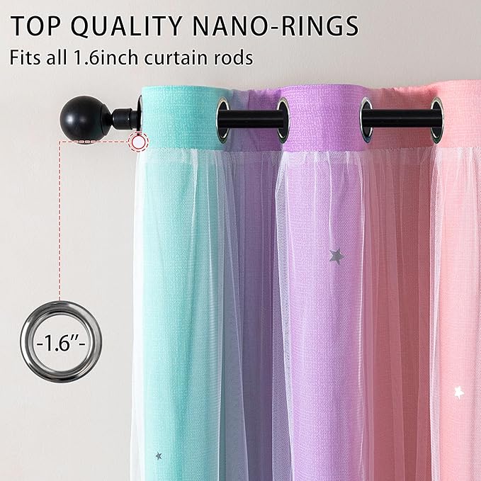 XiDi Blackout Curtains 90 Inches Long for Girls Bedroom, Room Darkening Grommet Window Ombre Curtains 2 Panel Sets, Kids Unicorn Princess Theme Decor Colorful Rainbow Design Pink/Purple/Green 52x90