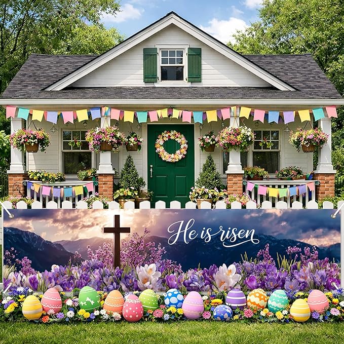 He Is Risen Easter Banner Christian Resurrection Spring Decor 78 x 17 Inch Religious Cross Flower Scene Banner for Church Yard Fence Door Wall Indoor Outdoor Easter Display