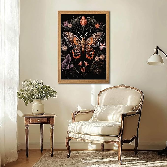 Framed Vintage 3D Textured Wall Art - Gothic Butterfly Wall Decor - Hand Drawn Sandstone Nature Botanical Pictures for Living Room Bedroom Home Decor 24x36in