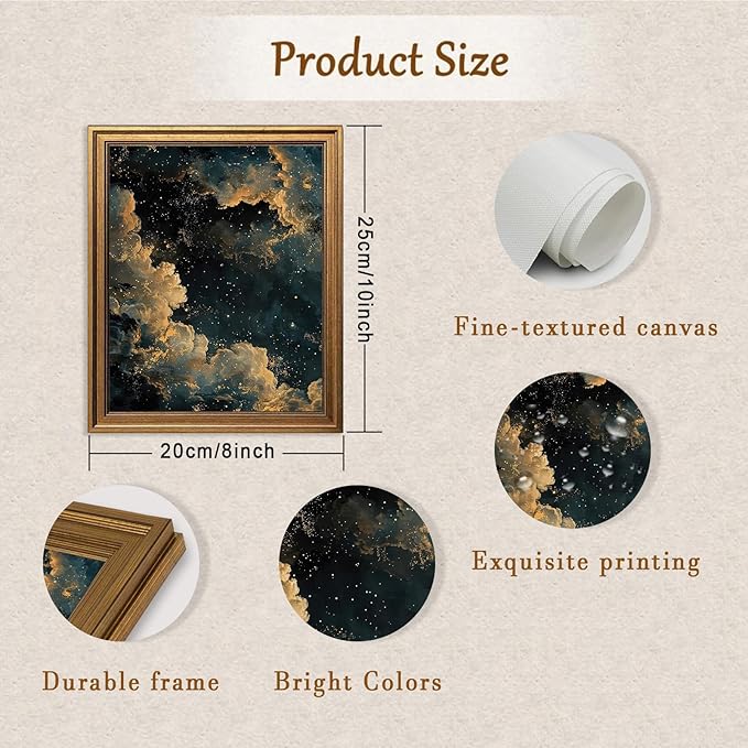 Aroutde Vintage Gold Framed Moody Celestial Wall Art, Cloud Print Abstract Night Sky Stars Art Poster Maximalist Gothic Canvas Wall Decor for Living Room Bedroom Apartment (10L x 8W, Framed)