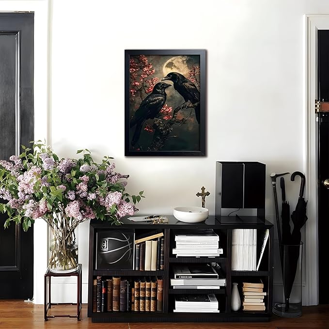 Vintage Framed Wall Art, Forest Gothic Decor, Dark Academia Celestial Moon Canvas Prints, Black Crow Cherry Blossom Painting Wall Decor for Living Room Bedroom – Black Wooden Frame 16x24 Inch
