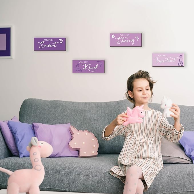 FENCORDAR 4 Pcs Butterfly Wall Decor Girls Room Decor Wooden Purple Wall Decor Positive Butterfly Wall Art Prints Inspirational Gift for Teen Girls Women Room Nursery Bedroom Bathroom(Purple, 10x4)