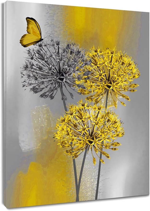 LB Yellow Dandelion Canvas Wall Art Yellow Grey Dandelion with Butterfly on Modern Abstract Wall Art Aesthetic Wall Decor for Living Room Bedroom Bathroom Office Framed Ready to Hang 10L x 8W