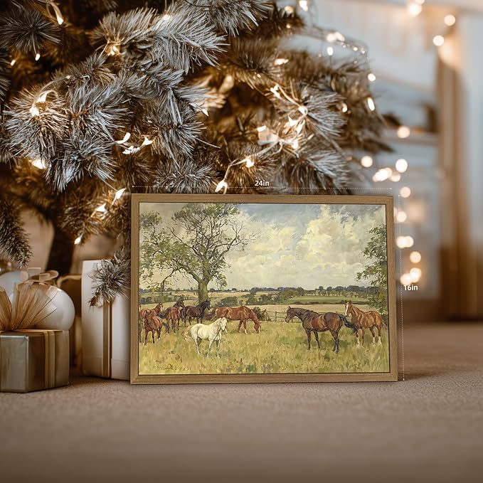 Clicyre Horse Pasture Wall Art, Vintage Country Canvas Print, Western Landscape Artwork, Peaceful Rustic Farmhouse Brown Horse Wall Decor for Living Room Bedroom Hallway Office Wood Framed 16x24 Inch