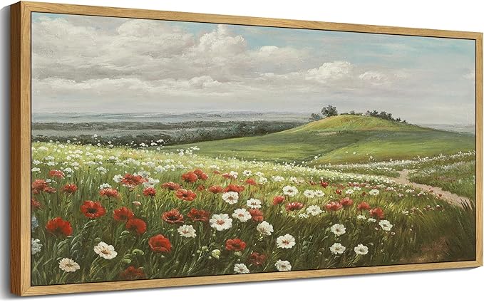 SHENIFY Vintage Landscape Framed Wall Art Meadow with Flowers Scenery Farmhouse Decor Rustic Retro Grassland Floral Field Painting for Kitchen Bedroom Living Room Bathroom - 8x16in Natural Framed