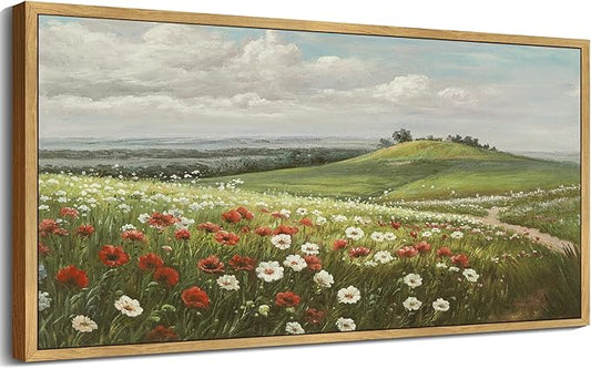 SHENIFY Vintage Landscape Framed Wall Art Meadow with Flowers Scenery Farmhouse Decor Rustic Retro Grassland Floral Field Painting for Kitchen Bedroom Living Room Bathroom - 8x16in Natural Framed