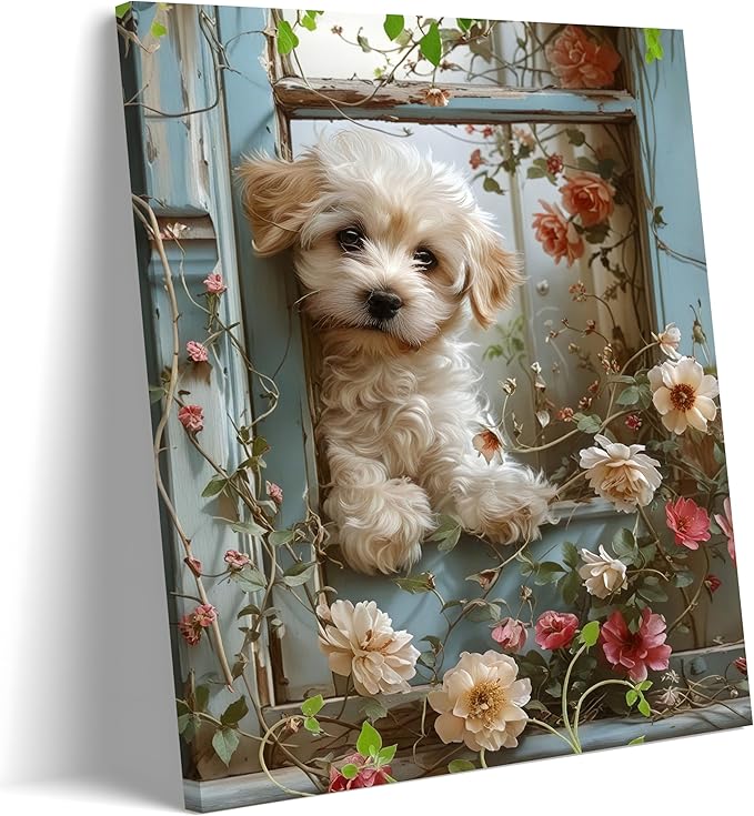 Framed Poodle Canvas Wall Art, Funny Teddy Dog Poster Print, Abstract Dog Standing Among Flowers Painting Wall Decor for Dormitory Restroom Bedroom Kids Room Decor 16x24 inch