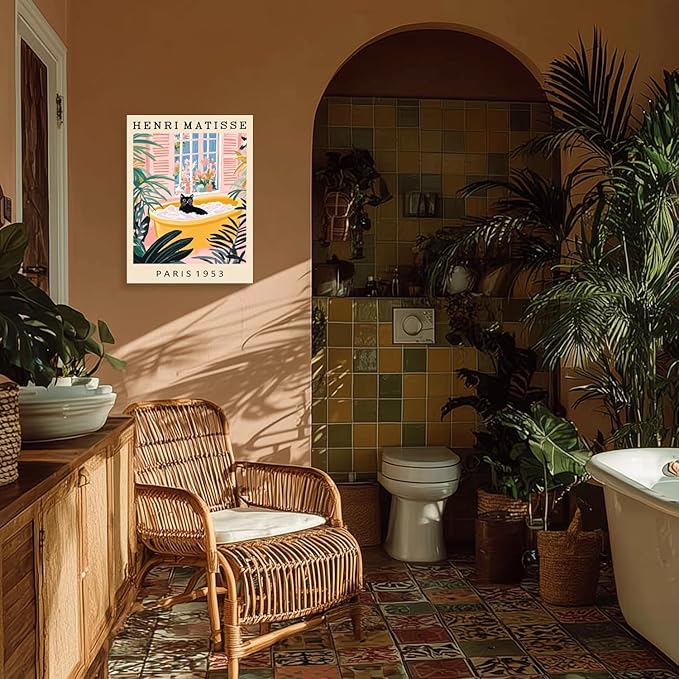 IAFWZX Framed Funny Bathroom Wall Art, Humor Black Cat In Bathtub Wall Decor, Vintage Henri Matisse Canvas Painting, Whimsical Cute Animal Poster Print for Living Room Bedroom 16"x24"