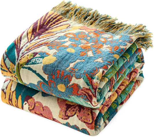 MSGKV Boho Throw Blanket for Bed Twin Size Cotton Muslin Breathable Vine Blanket 60"x80" Sofa Couch Blankets for All Seasons Lightweight Farmhouse Blankets Boho Home Decor