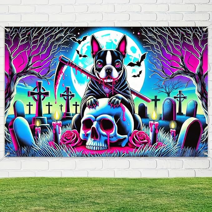 Halloween Banner Dog Skull Backdrop Trick or Treat Decor Scary Halloween Decoration Creepy Graveyard Wall Hanging for Outdoor Indoor Party