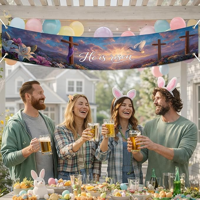 He Is Risen Easter Banner Resurrection Cross Sunrise Spring Christian Decor 118×20 inch Religious Faith Banner for Church Yard Fence Door Wall Indoor Outdoor Display