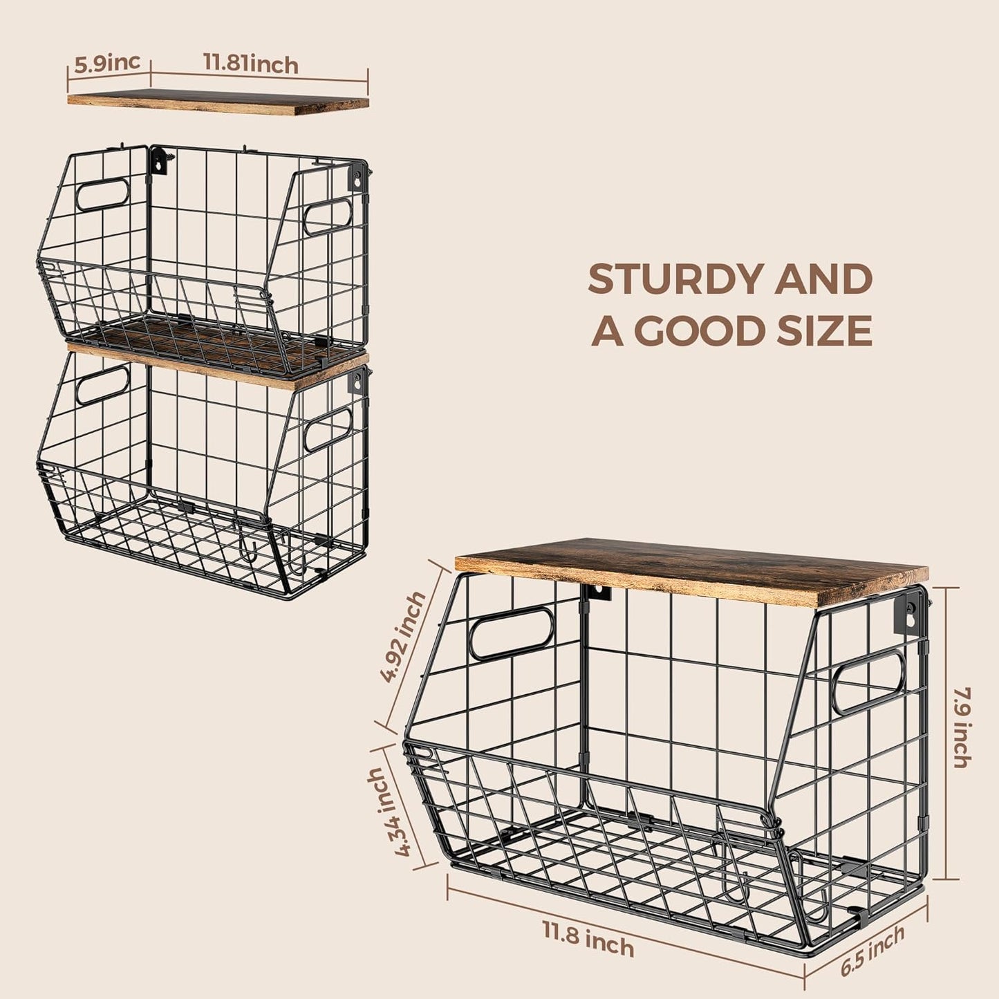 Delamu 3 Pack Stackable Metal Fruit Basket with Wood Lid-Wall Mounted&Countertop Organizer for Kitchen,Pantry- Ventilated Storage for Onions,Potatoes,Fruits,Spices,Black