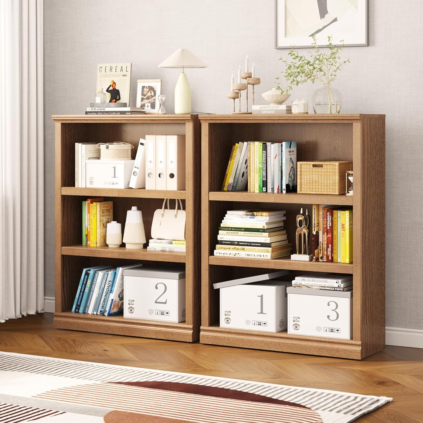 43 in Tall Bookcase, 3-Tier Bookshelf Open Storage, 33 inch Wide Floor Standing Indoor Furniture, Book Cases for Home School Library Office Bedroom Kids, Oak 3 Tiers