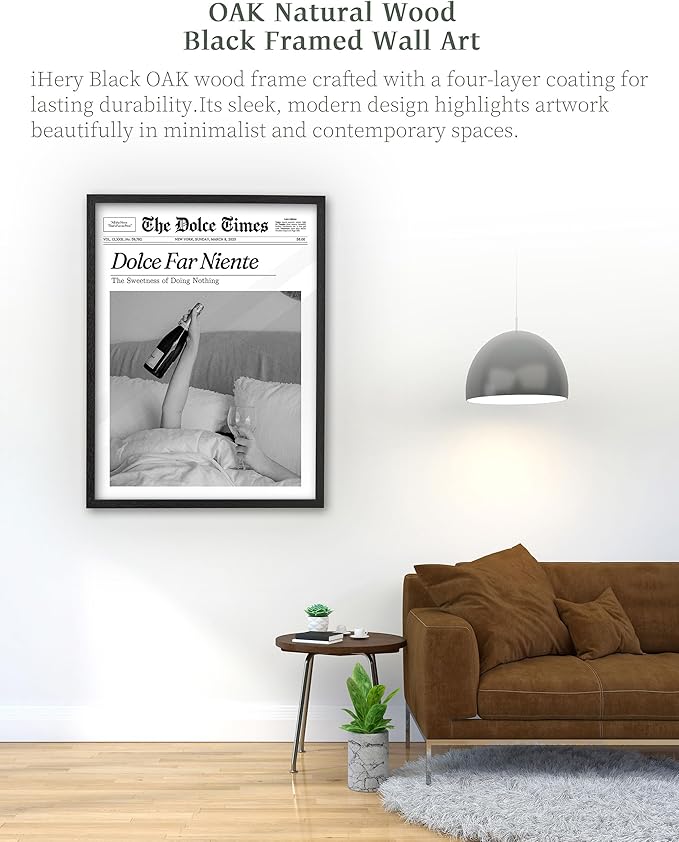 iHery Premium Natural Black OAK Wood 12x16in Dolce Far Niente Framed Wall Art, Retro The Sweetness of Doing Nothing Canvas Wall Decor For Girly Dorm Bedroom Living Room 1Pack