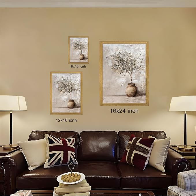 Vintage Olive Tree Canvas Wall Art, Farmhouse Aesthetic Oil Painting, Rustic Potted Plant Wall Decor, Neutral Botanical Print Artwork Picture for Living Room Kitchen Home Decor 8x10 Inch Framed