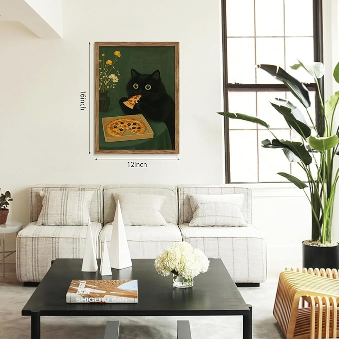 Framed Black Cat Wall Art, Cute The Cat Eating Pizza Canvas, Funny Kitchen Pictures Decor, Playful Food Lover Prints Artwork, Whimsical Animal Wall Decor for Kitchen Dining Room – 12x16 inch