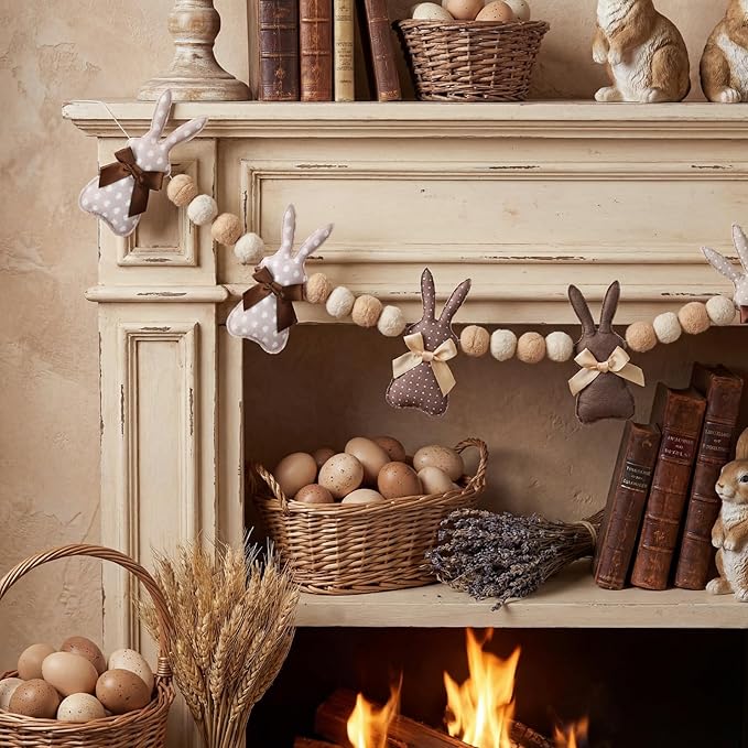 8.2 ft Felt Easter Bunny Garland 3D Rustic Cute Rabbit Pom Ball Banner Neutral Brown Vintage Decorative Hanging Bunting Garland for Mantel Fireplace Window Wall Home Farmhouse Decor