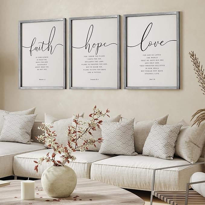 Houmury Set of 3 Framed Farmhouse Bible Verses Wall Decor Sign 11”x14” Christian Faith Scripture Wall Art for Home Living Room Bedroom Wall Decor (11"x14" Grey)