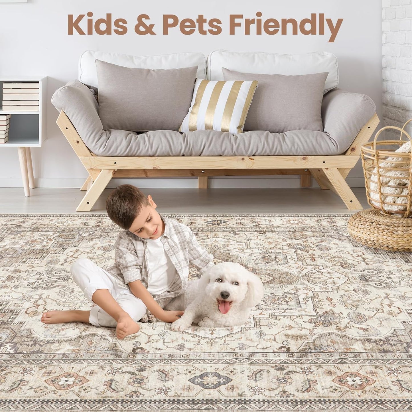 Washable Area Rugs for Living Room - 9x12 Neutral Vintage Distressed Floral Farmhouse Boho Large Soft Floor Rug Indoor Non Slip Carpet for Bedroom Dining Room Office - Brown/Multi