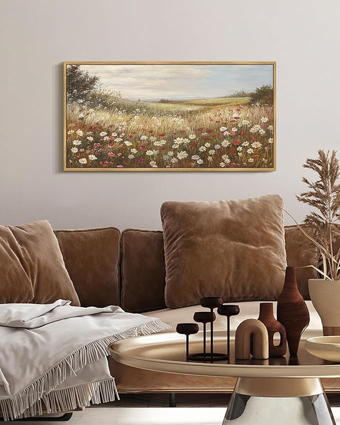 SHENIFY Vintage Framed Wall Art Meadow with Flowers Landscape Scenery Home Decor Retro Wildflower Field Decorations for Farmhouse Bedroom Ready to Hang Wall Artwork - 8x16in Natural Framed