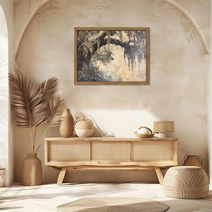 Framed Cottagecore Canvas Wall Art, Vintage Live Oak Tree Pictures Print, Charleston Spanish Moss Oil Paintings, Farmhouse Savannah Southern Wall Decor for Entryway Living Room – 8x10 inch