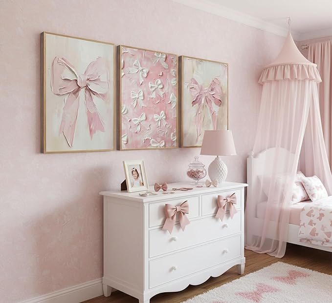 3Pcs Trendy Pink Bow Canvas Wall Art Vintage Cute Preppy Watercolor Bows Painting Pictures Wall Decor Posters Prints Girly Aesthetic for College Apartment Bedroom Decoration Unframed