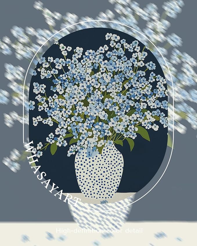 Vintage Framed Floral Wall Art 12x16, Blue White Baby’s Breath Flower in Polka Dot Vase Print, Minimalist Modern Nordic Botanical Canvas Artwork, Entryway Bedroom Kitchen Office Decor
