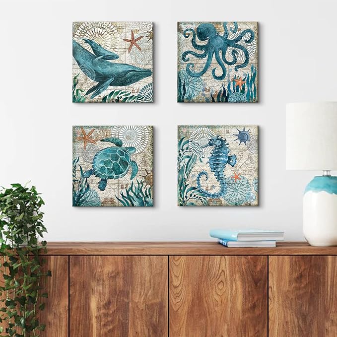 Bathroom Wall Art Beach Decor Ocean Sea Turtle Octopus Canvas Pictures Coastal Room Decor Teal Bathroom Accessories Vintage Whale Seahorse Poster Modern Nautical Painting Bedroom Home Decorations