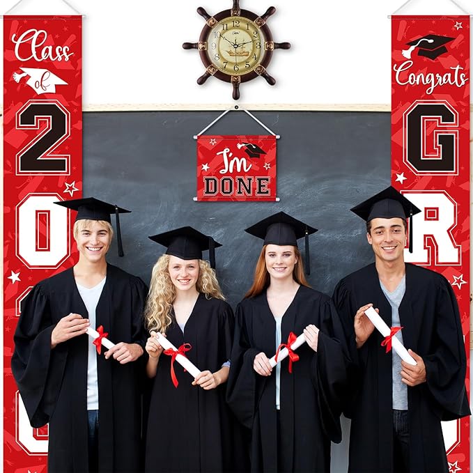 Moukeren 3 Pieces 2026 Graduation Party Decorations Graduation Porch Sign Class of 2026 Grad Hanging Porch Banner Backdrop Door Sign for Grad Party Home Door Wall Decor(Red and Black)