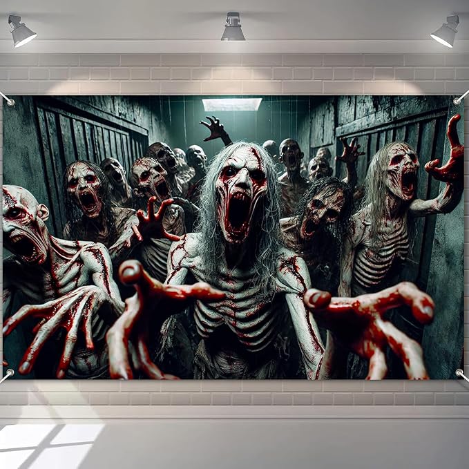 Halloween Banner 71x43 Inch Zombie Backdrop Scary Haunted House Wall Decor for Spooky Halloween Decorations Indoor Outdoor Party Supplies
