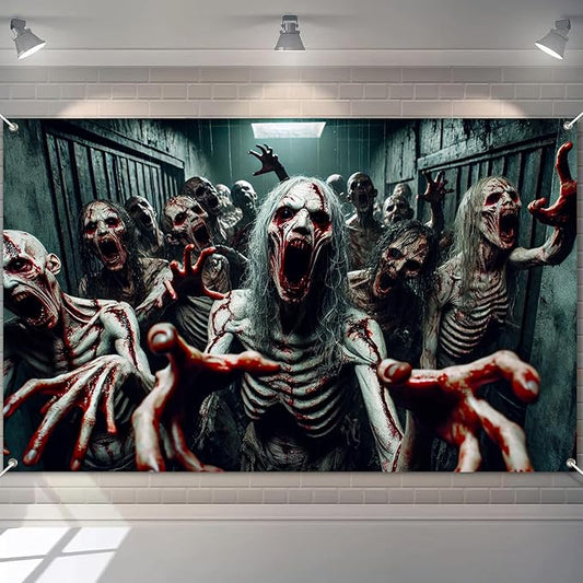 Halloween Banner 71x43 Inch Zombie Backdrop Scary Haunted House Wall Decor for Spooky Halloween Decorations Indoor Outdoor Party Supplies