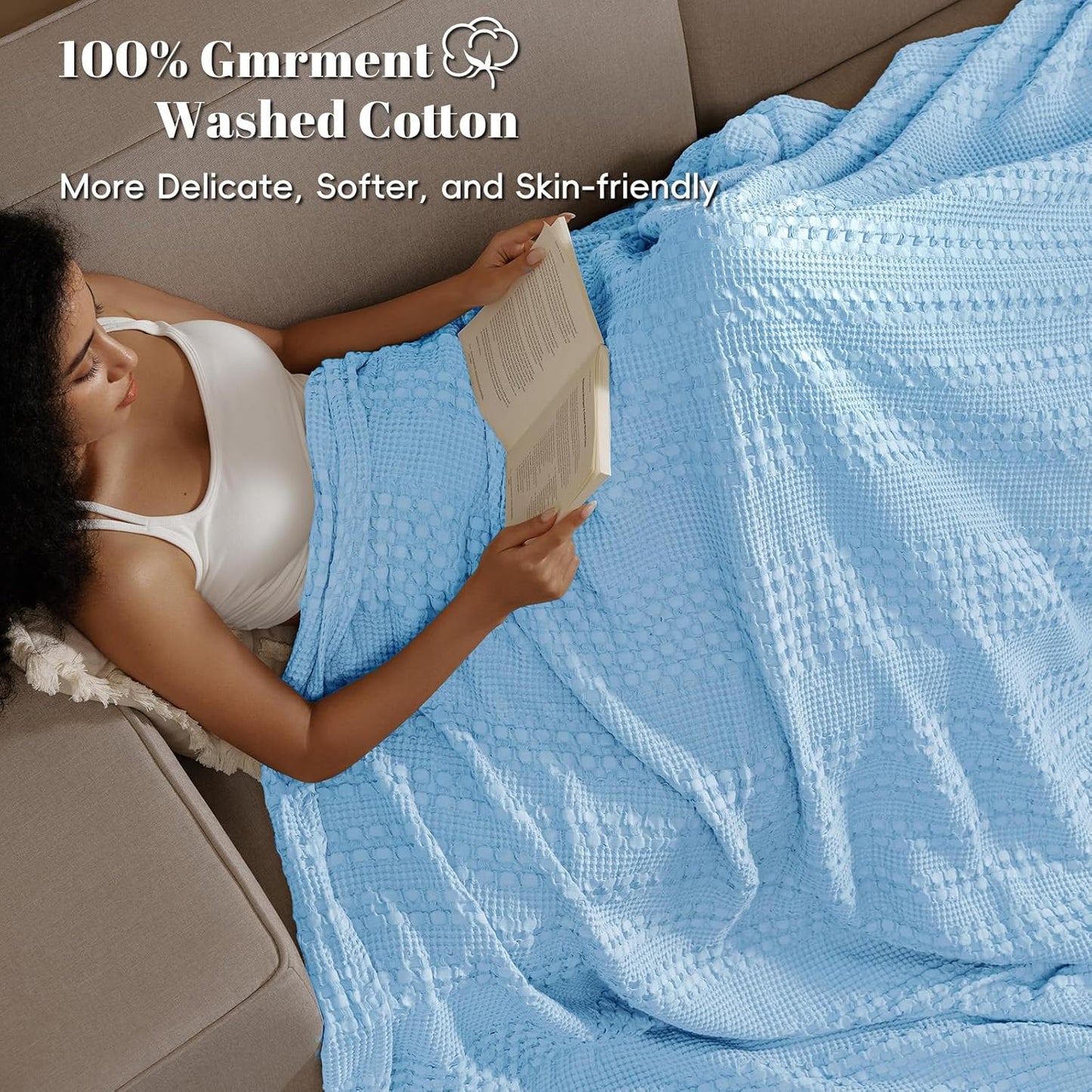 PHF 100% Cotton Waffle Weave Blanket Twin Size, Soft Lightweight Breathable Cozy Summer Blankets for Bed, Luxury Aesthetic Woven Bedding for Home Decor, 66"x90", Sky Blue