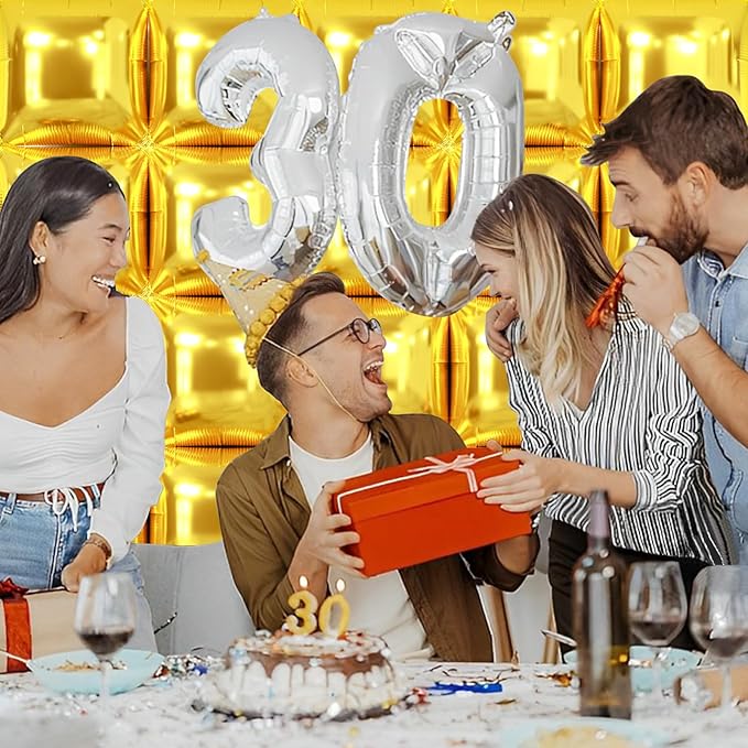 NISOCY 25PCS Gold Square Foil Balloons Wall Backdrop Metallic Double Sided Gold Christmas Balloons Tunnel Arch Kit for New Year Birthday Anniversary Graduation Party Decorations