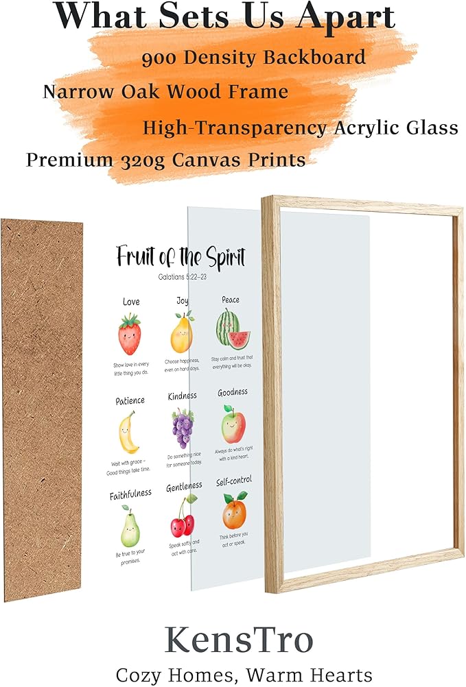 KensTro Christian Bible Verse Framed Wall Art, 12x16 in Fruit of the Spirit for Kids Christian Canvas Wall Art,God Inspirational Scripture Poster Christ Bible Art Print for Boy and Girl Bedroom 1Pack