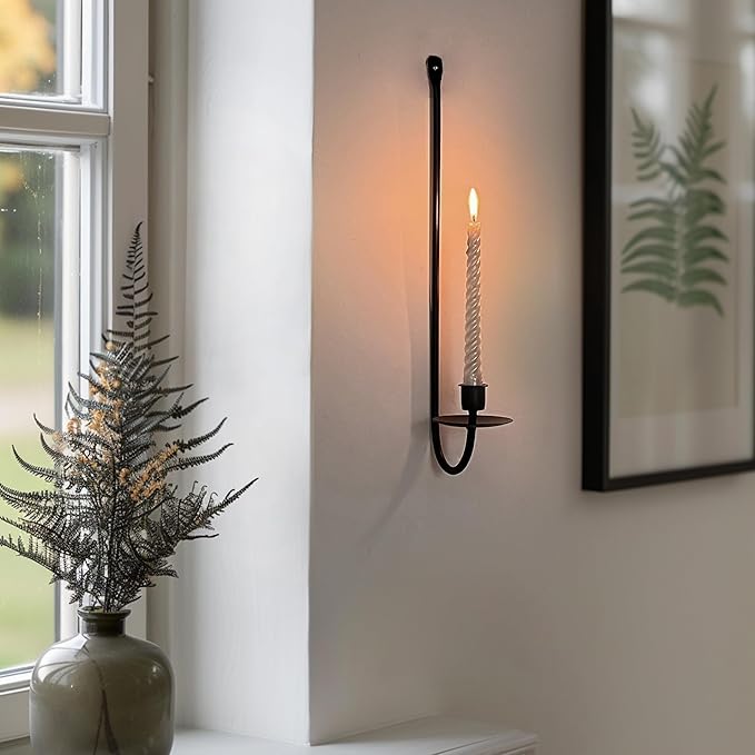 Metal Wall Candle Sconce Holder Set of 2 Wall Mount Candle Holders Modern Wall Candle Sconces Hanging for Living Room Farmhouse Fireplace Wedding 16.5"×5"×3" (Black)