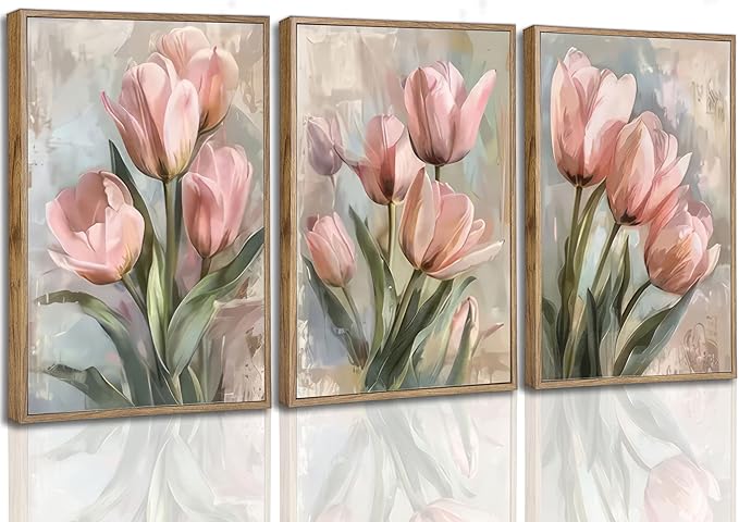 3 Pcs Vintage Pink Tulips Flowers Canvas Wall Art Retro Spring Pink and Green Floral Botanical Paintings Pictures Wall Decor Poster Print Artwork for Living Room Bedroom Home Decoration Unframed